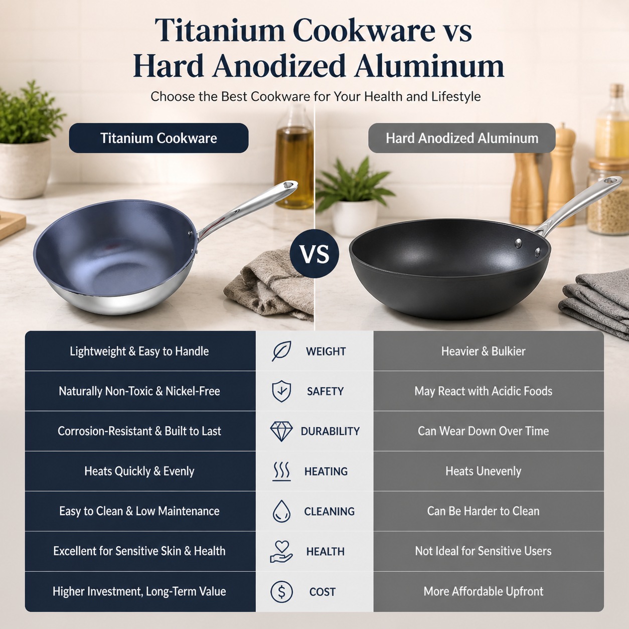 Titanium Cookware vs Hard Anodized Aluminum: Which Is Safer, More Durable, and Easier to Maintain?