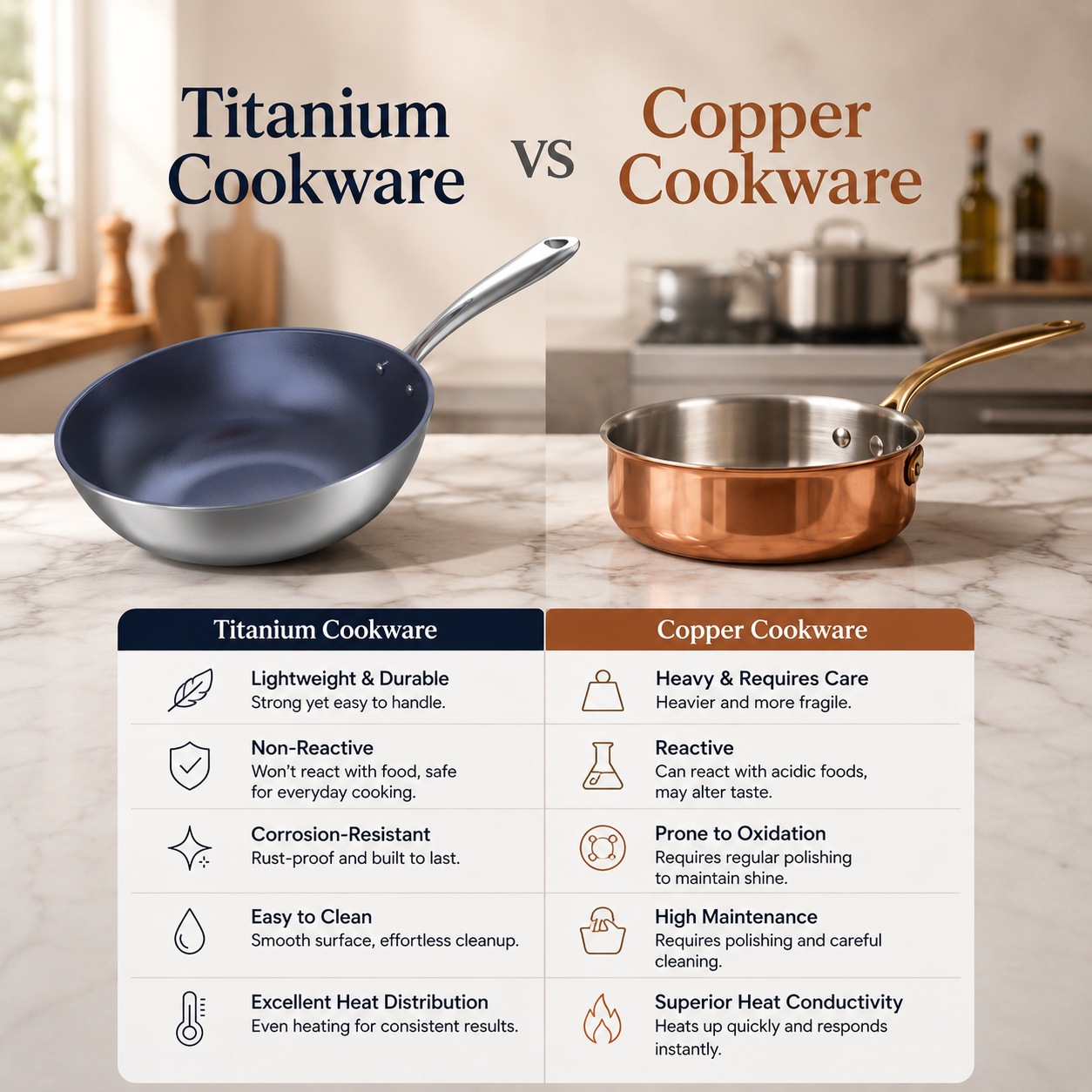 Titanium Cookware vs Copper Cookware: Heat Control, Safety, Maintenance, and Everyday Value