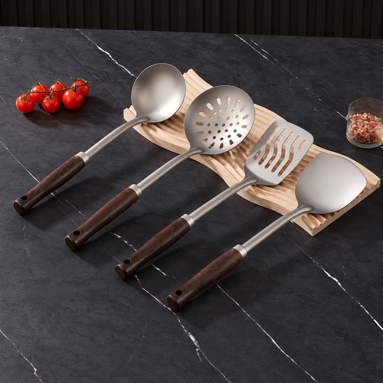 Wooden Handle Pure Titanium Utensil Set – 4 Pieces
